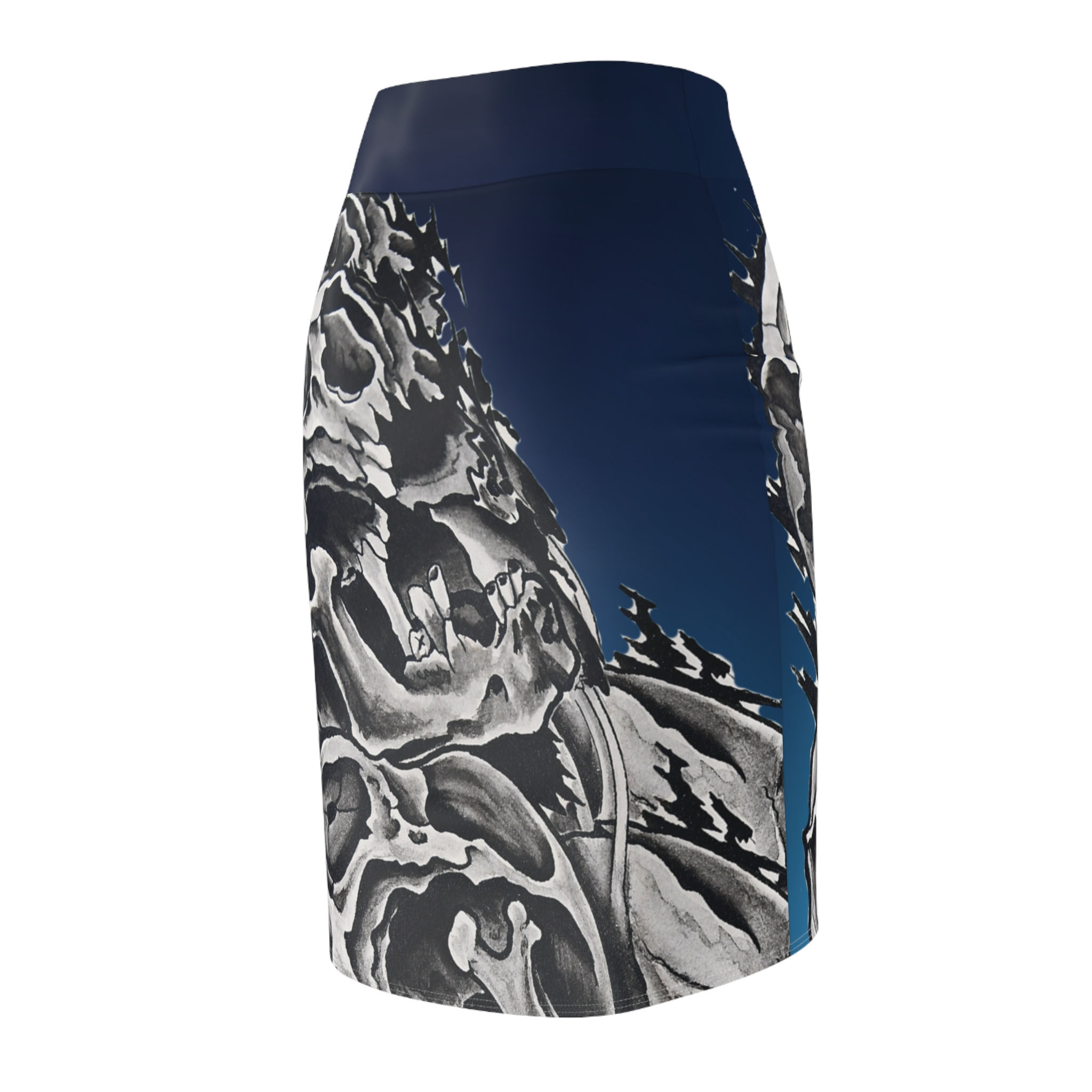 Women's Mid-Rise Pencil Skirt with Custom Skull Tattoo Art