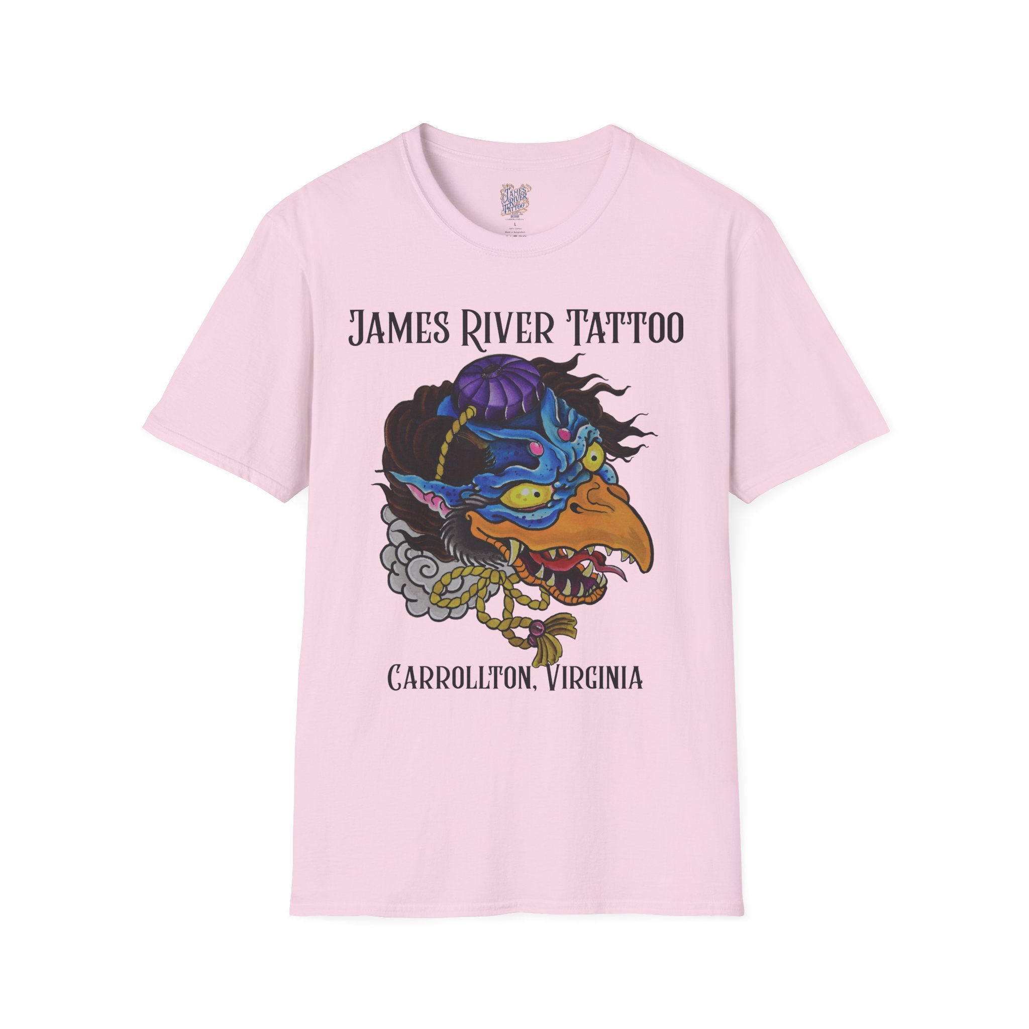 Front flat view of the light pink Japanese Tengu demon crow tattoo art unisex tee.