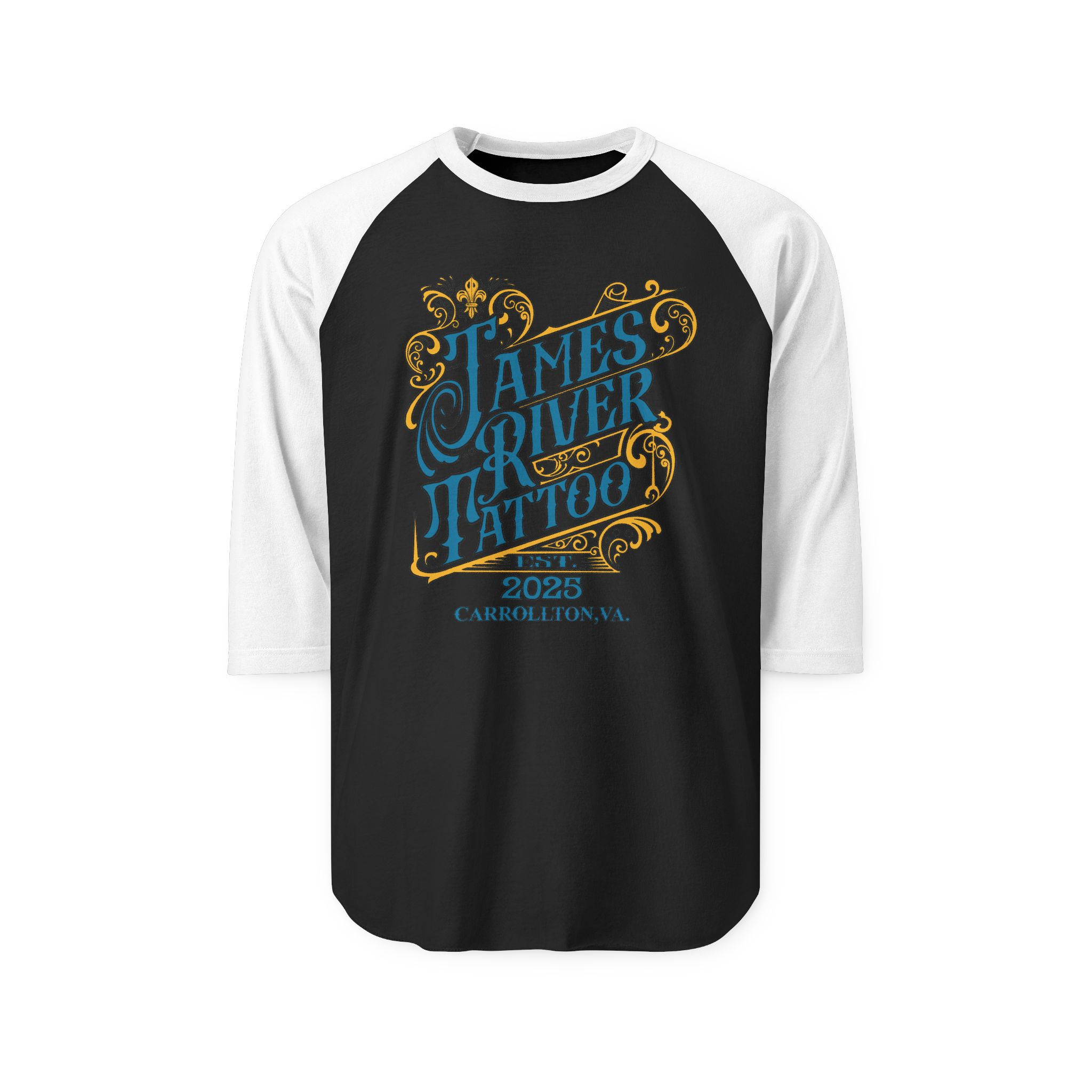 Front view of the black and white James River Tattoo ornate logo baseball shirt.