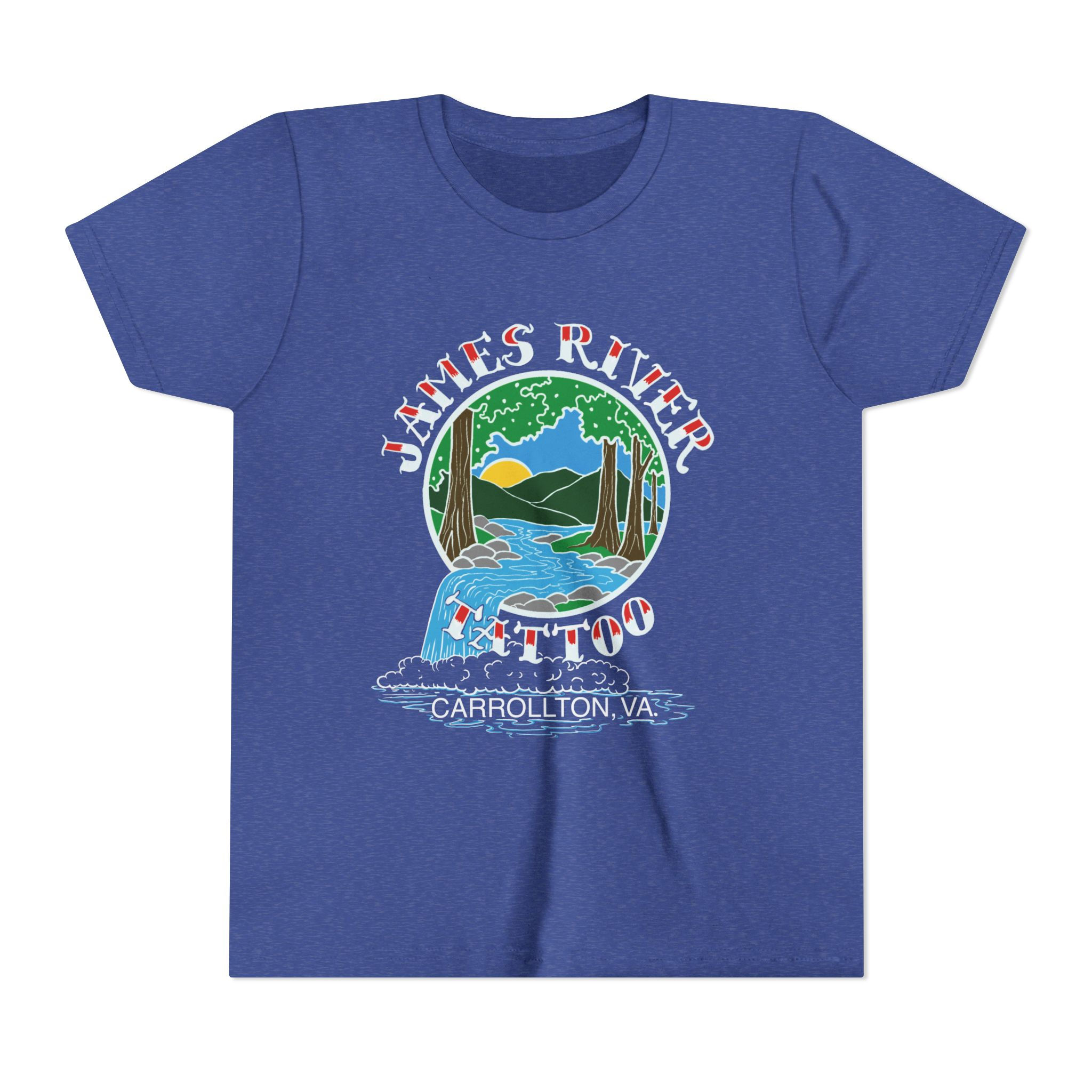 Front flat view of the indigo blue James River Tattoo waterfall logo unisex youth graphic tee.