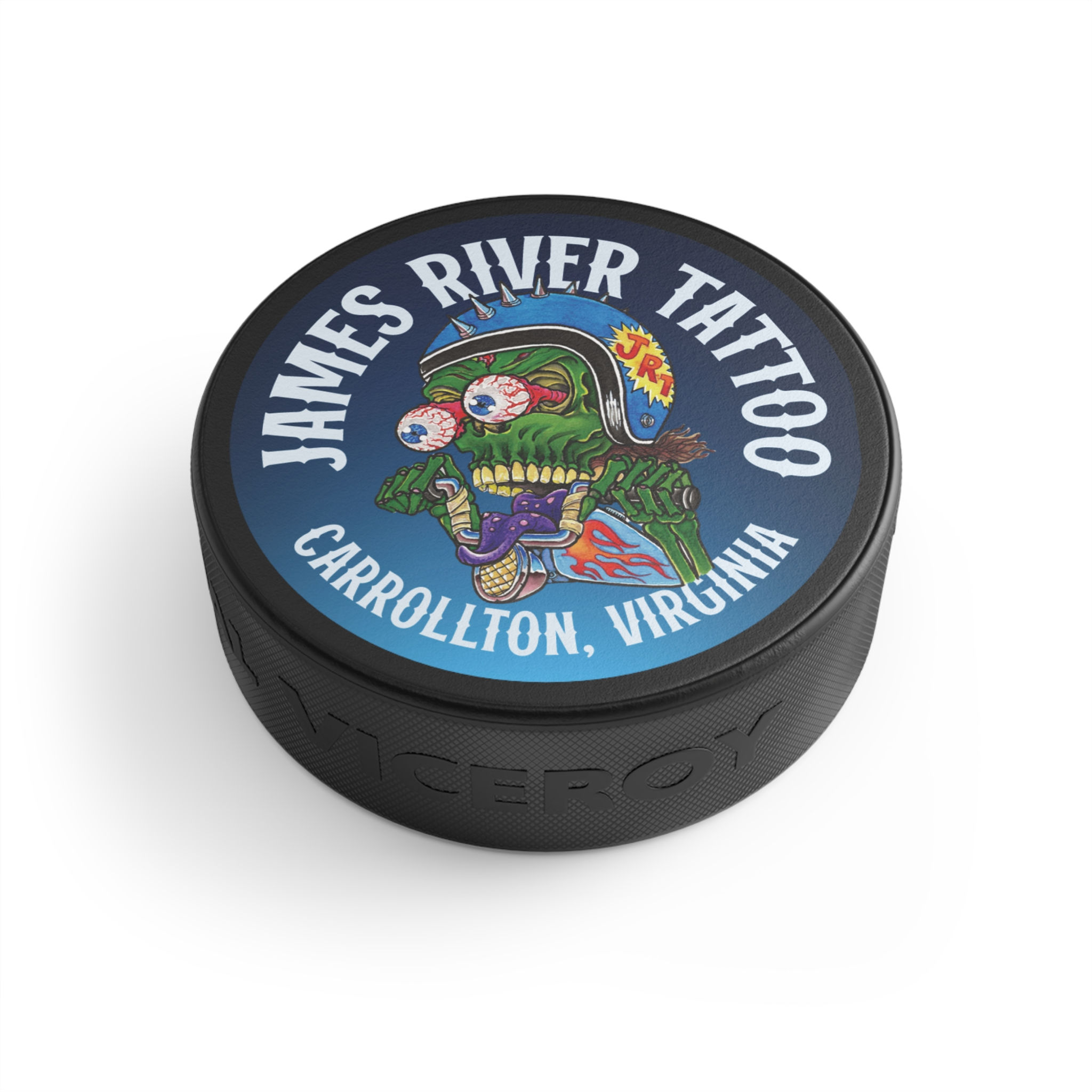 James River Tattoo Hand-Drawn Motorcycle Monster Hockey Puck