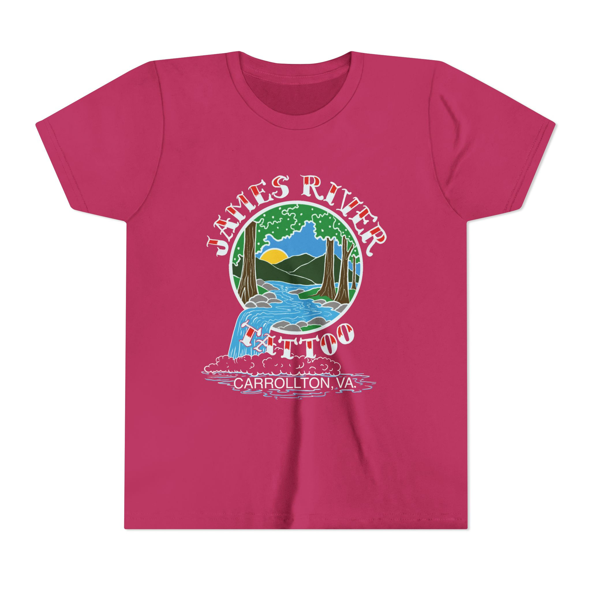 Front flat view of the pink James River Tattoo waterfall logo unisex youth graphic tee.