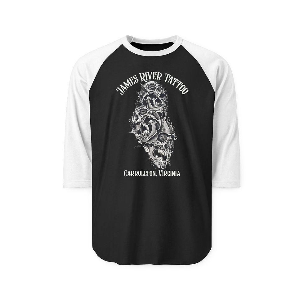 Thumbnail: Front view of black and white unisex vintage baseball shirt with stacked skulls tattoo graphic