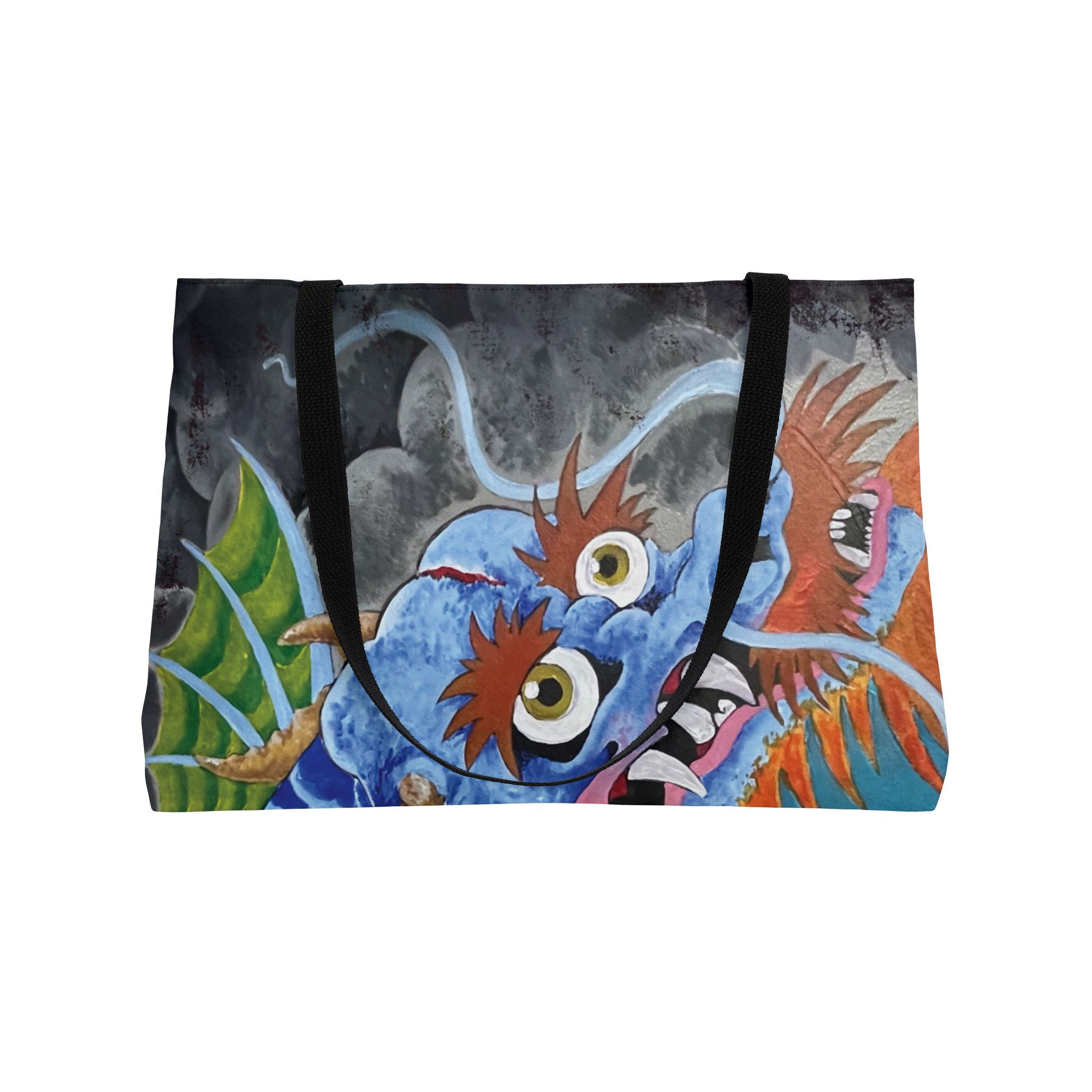 Front view of weekender tote bag with Japanese dragon koi painting graphic