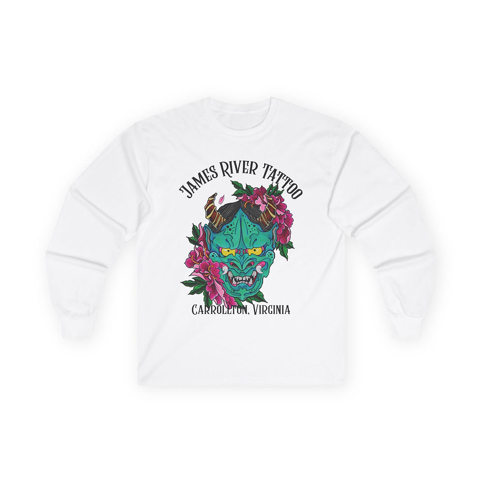 Thumbnail: Front view of white unisex long sleeve tee with floral demon mask graphic
