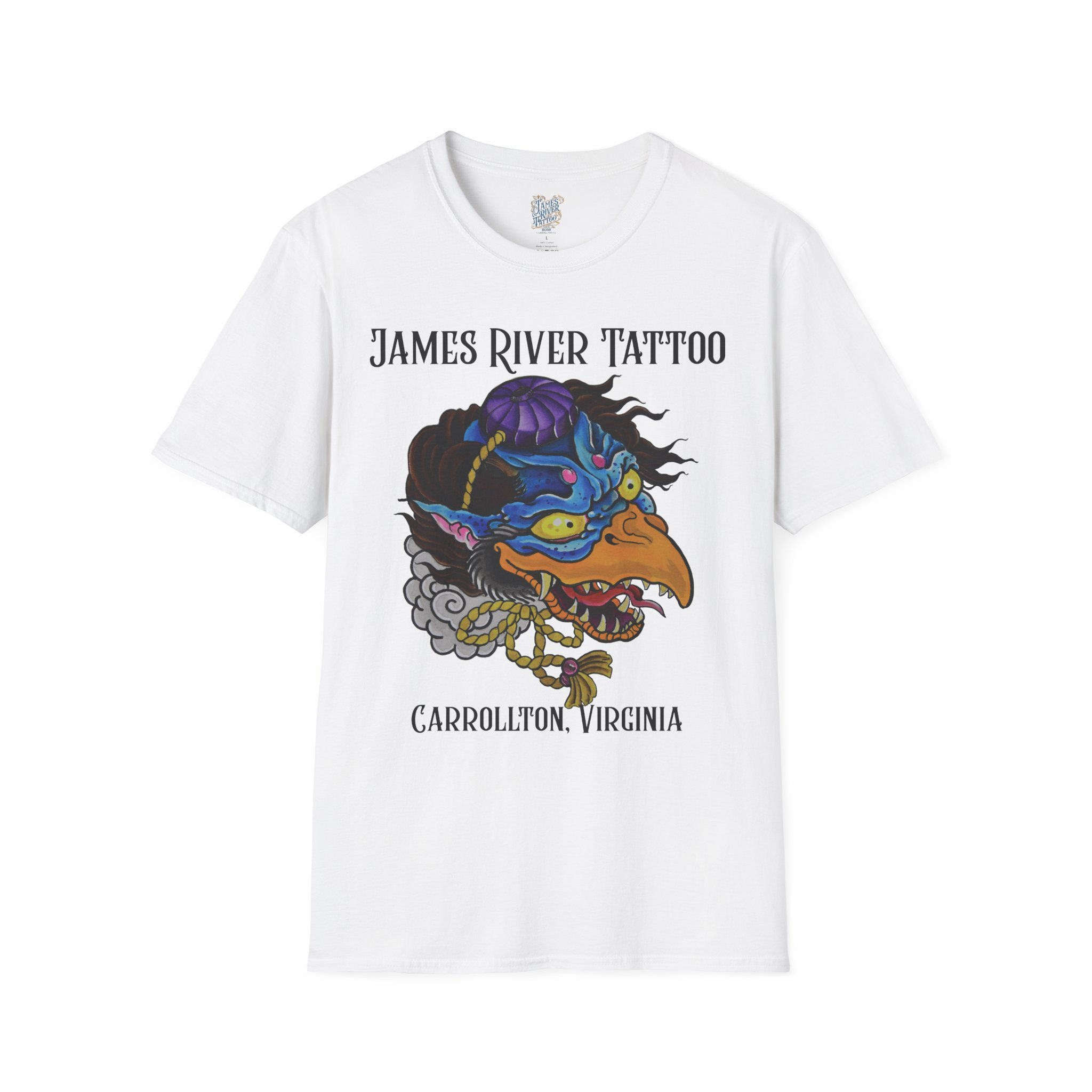 Front flat view of the white Japanese Tengu demon crow tattoo art unisex tee.