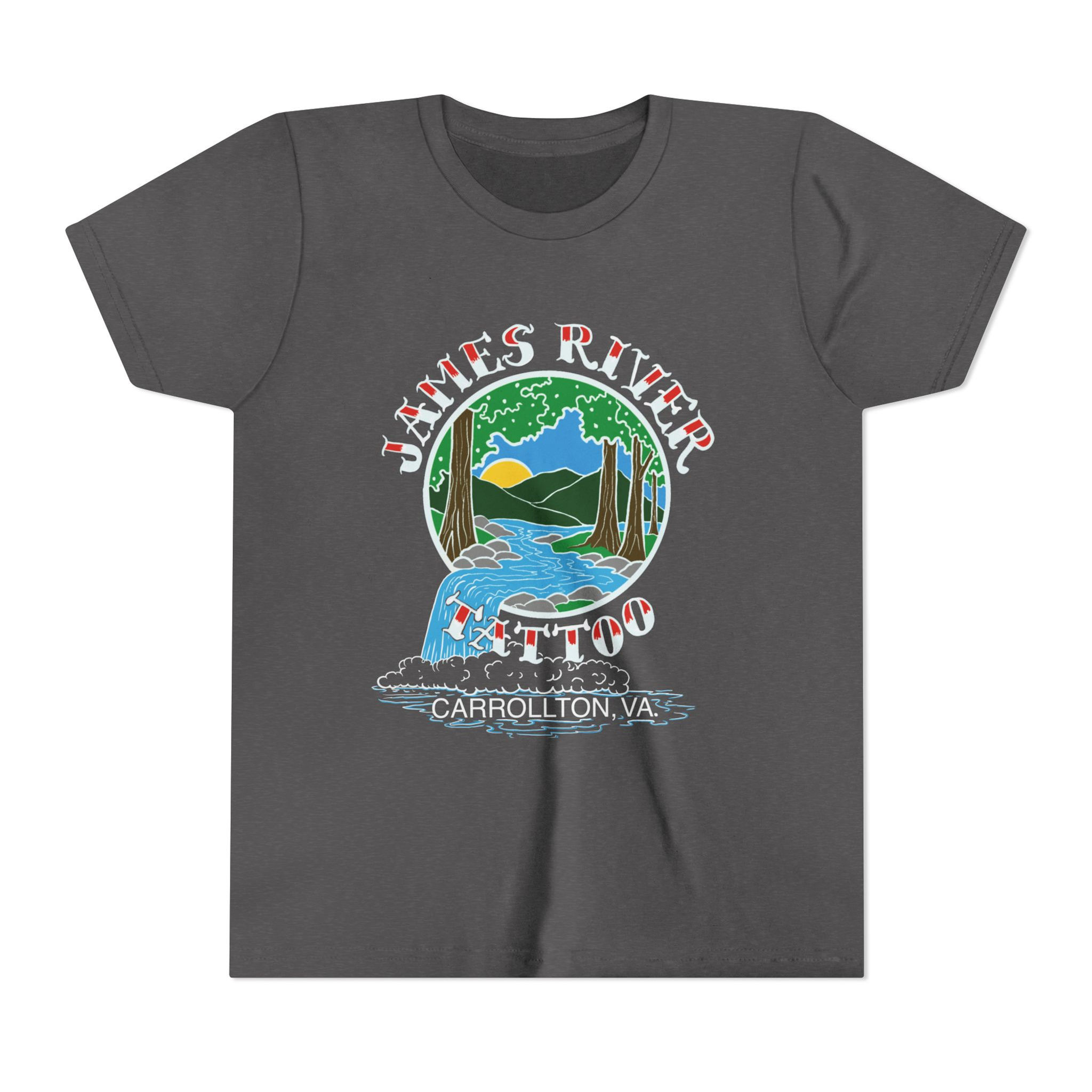 Front flat view of the grey James River Tattoo waterfall logo unisex youth graphic tee.