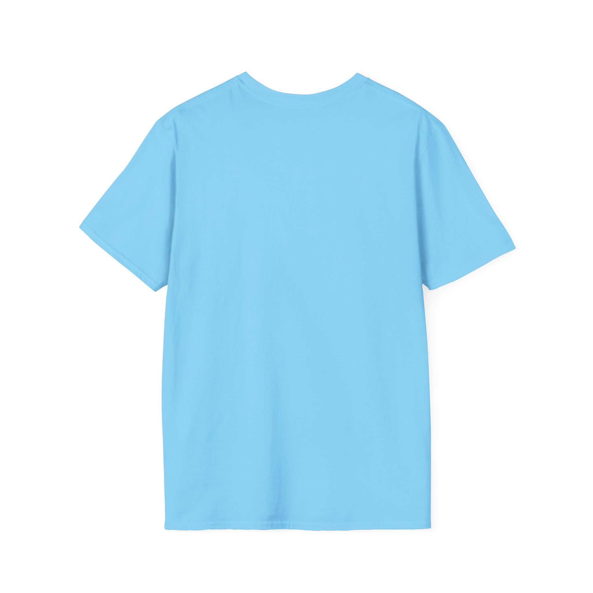 Back flat view of the light blue Japanese Tengu demon crow tattoo art unisex tee.