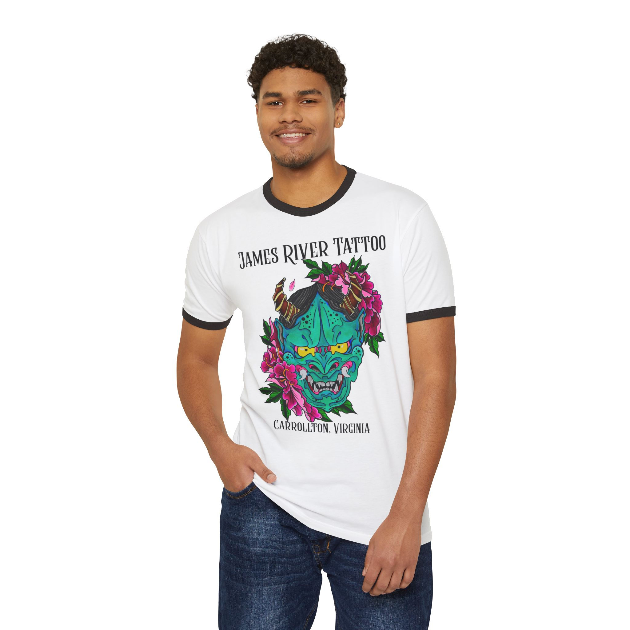 Male model wearing the white Japanese Oni demon mask tattoo art unisex ringer tee.