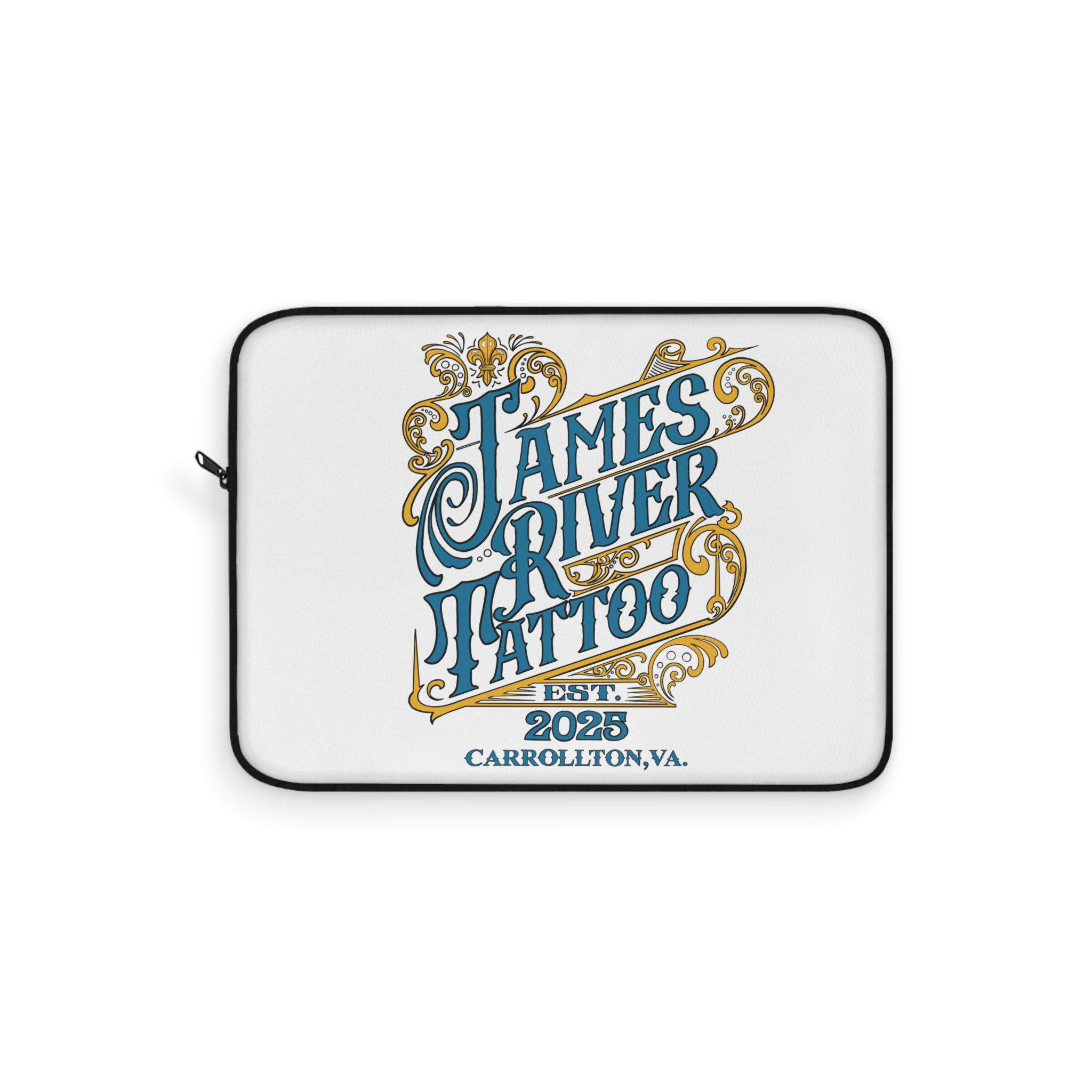 Front view of protective tech sleeve with JRT vintage script logo graphic