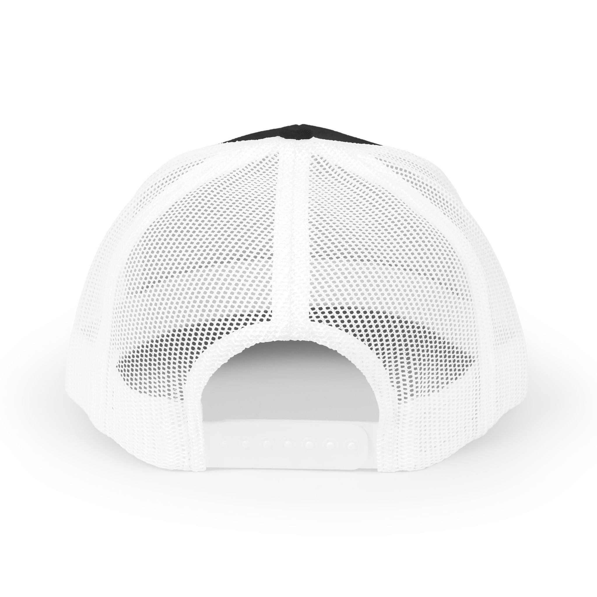 Back view of the black and white unisex trucker hat showing the adjustable snapback.