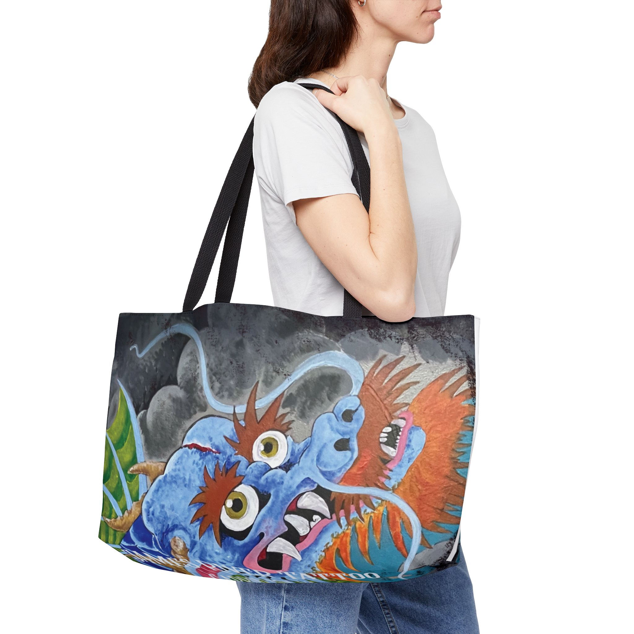 Model carrying Japanese Dragon Koi Weekender Tote Bag