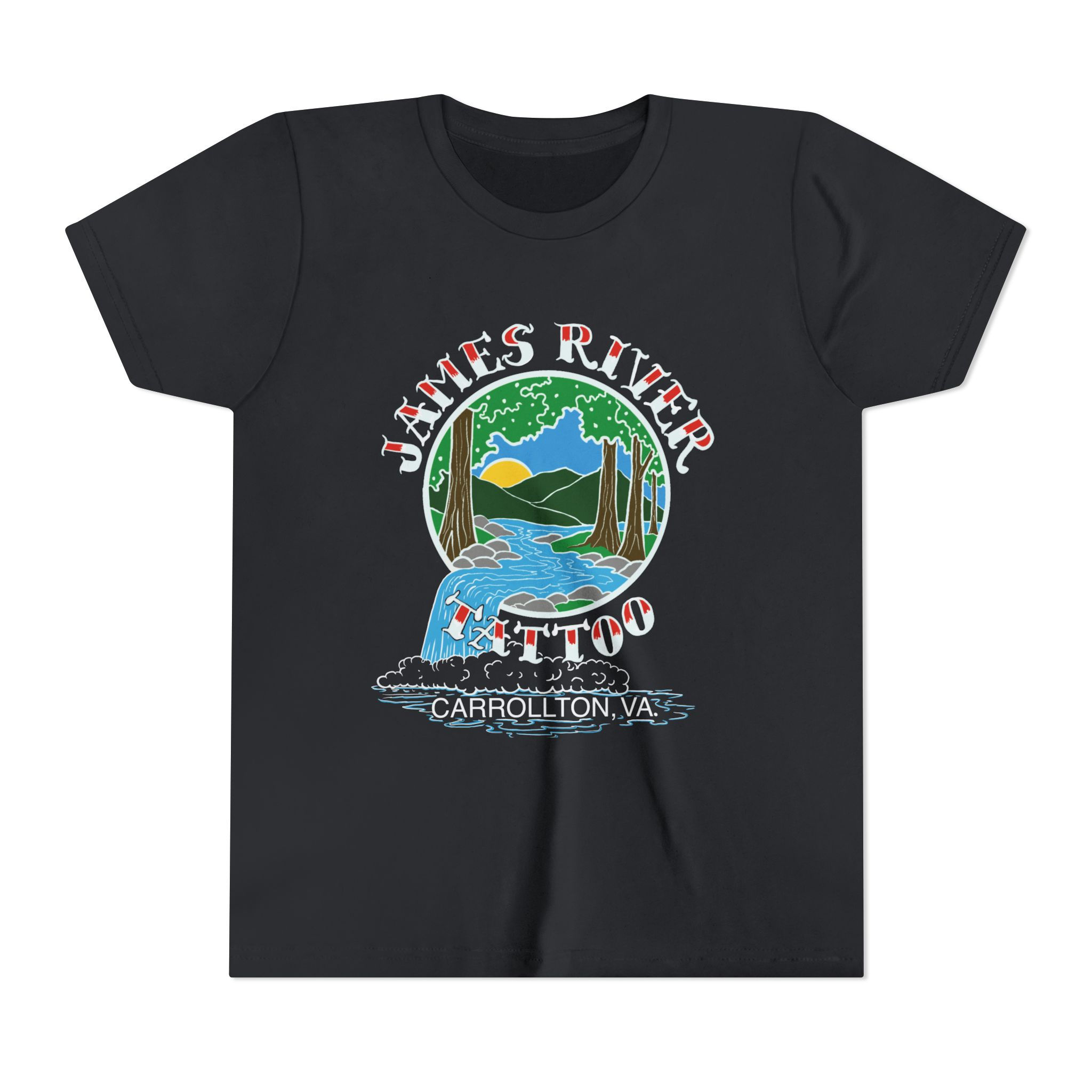 Front flat view of the black James River Tattoo waterfall logo unisex youth graphic tee.