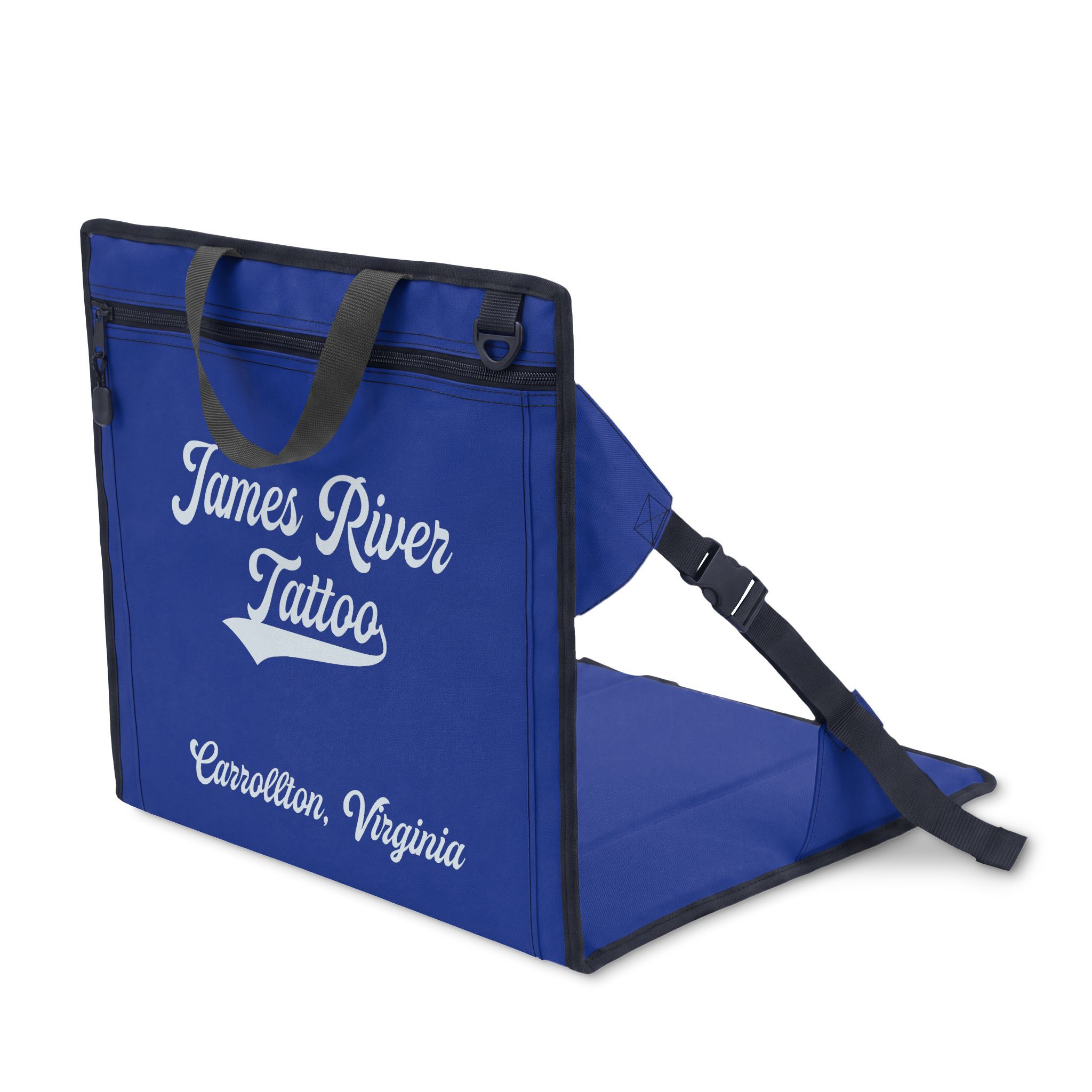 Blue side view of James River Tattoo logo padded stadium seat with black carrying straps.