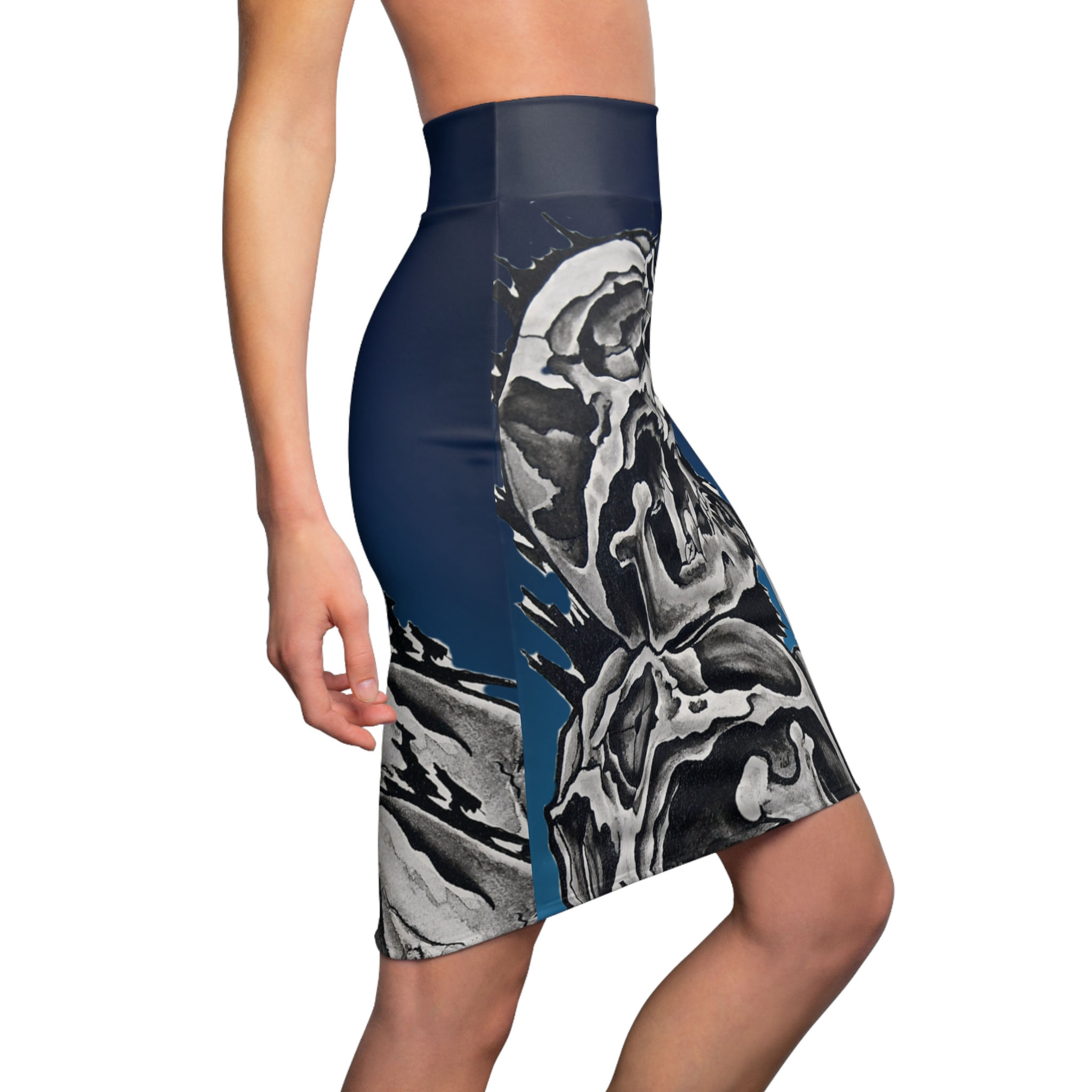 Women's Mid-Rise Pencil Skirt with Custom Skull Tattoo Art
