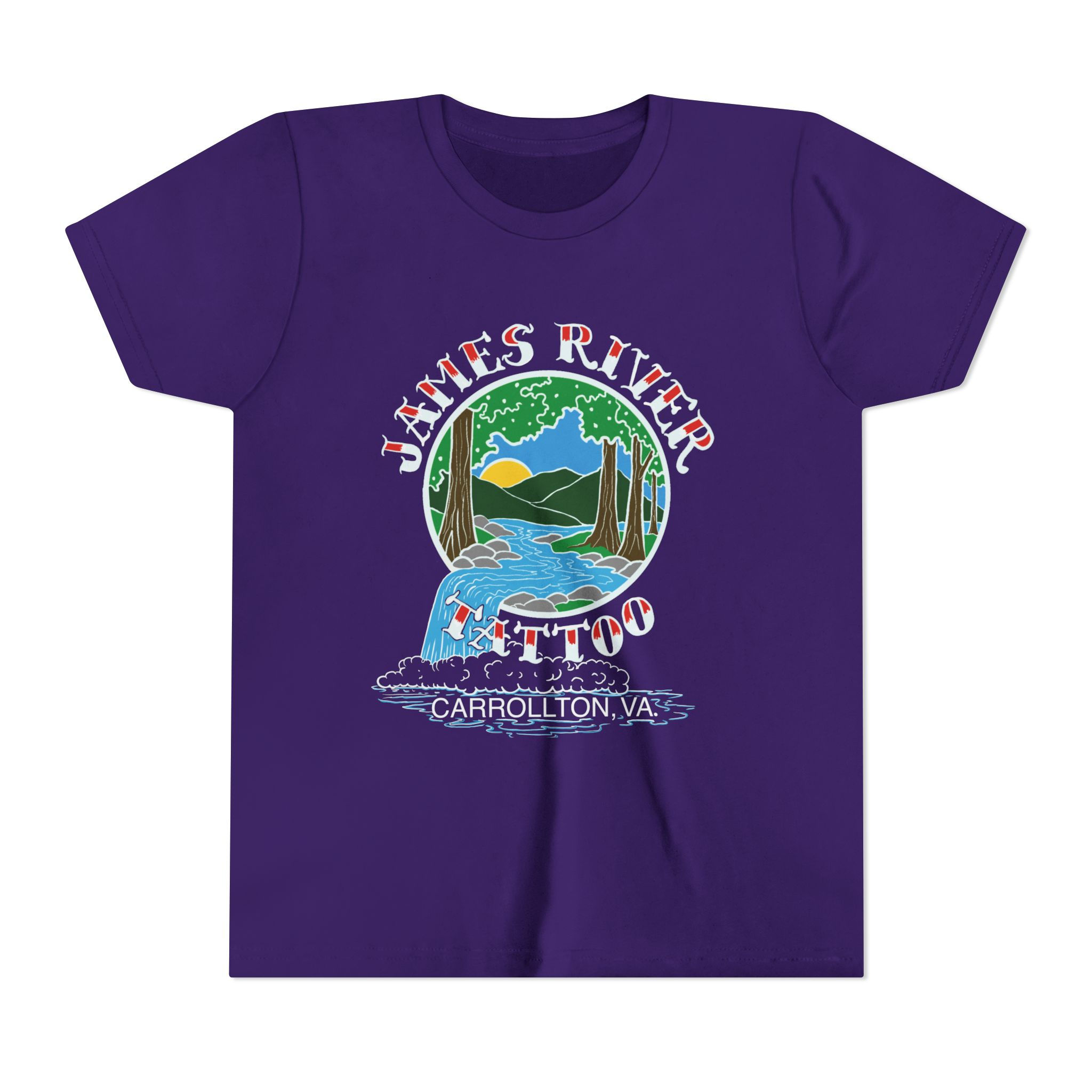 Front flat view of the dark purple James River Tattoo waterfall logo unisex youth graphic tee.