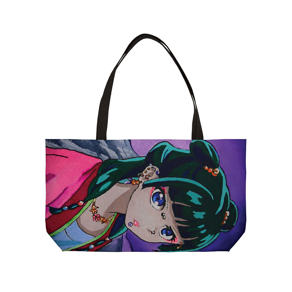 Thumbnail: Front view of oversized weekender tote bag with colorful pierced anime girl graphic