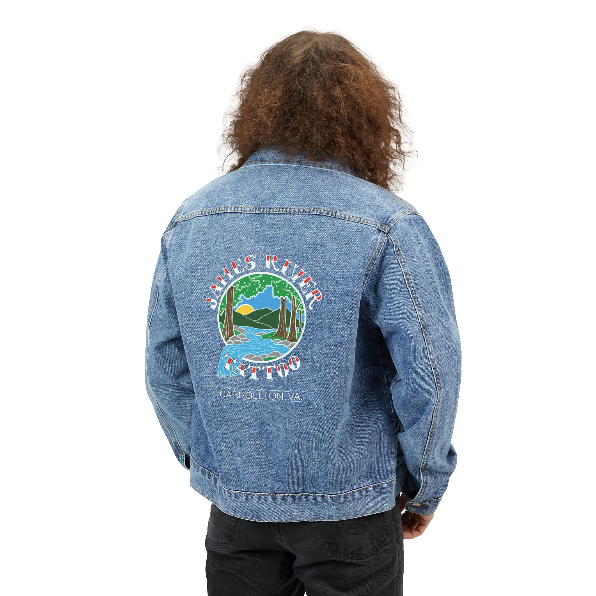 Model wearing denim jacket back view showing JRT waterfall logo graphic