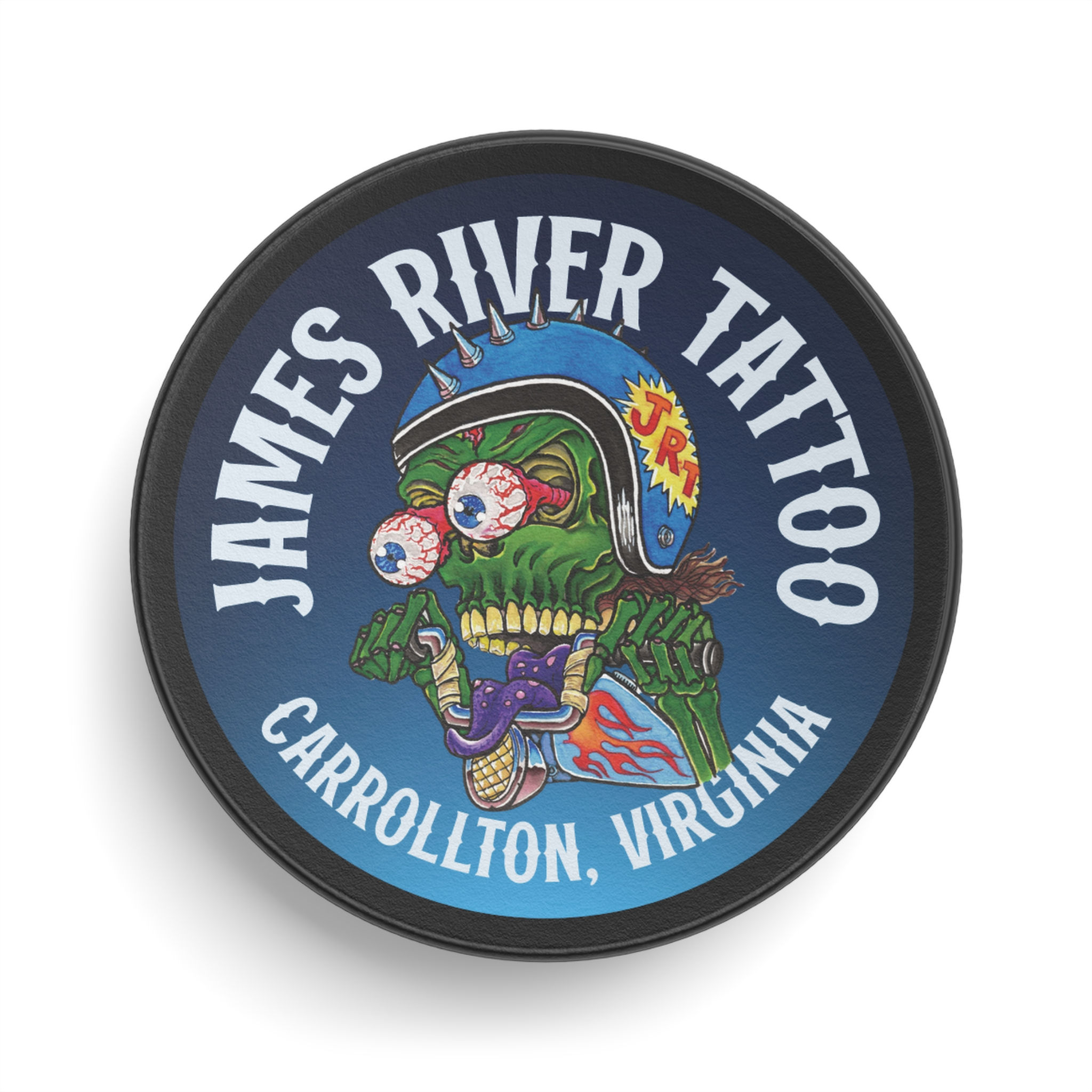 James River Tattoo Hand-Drawn Motorcycle Monster Hockey Puck
