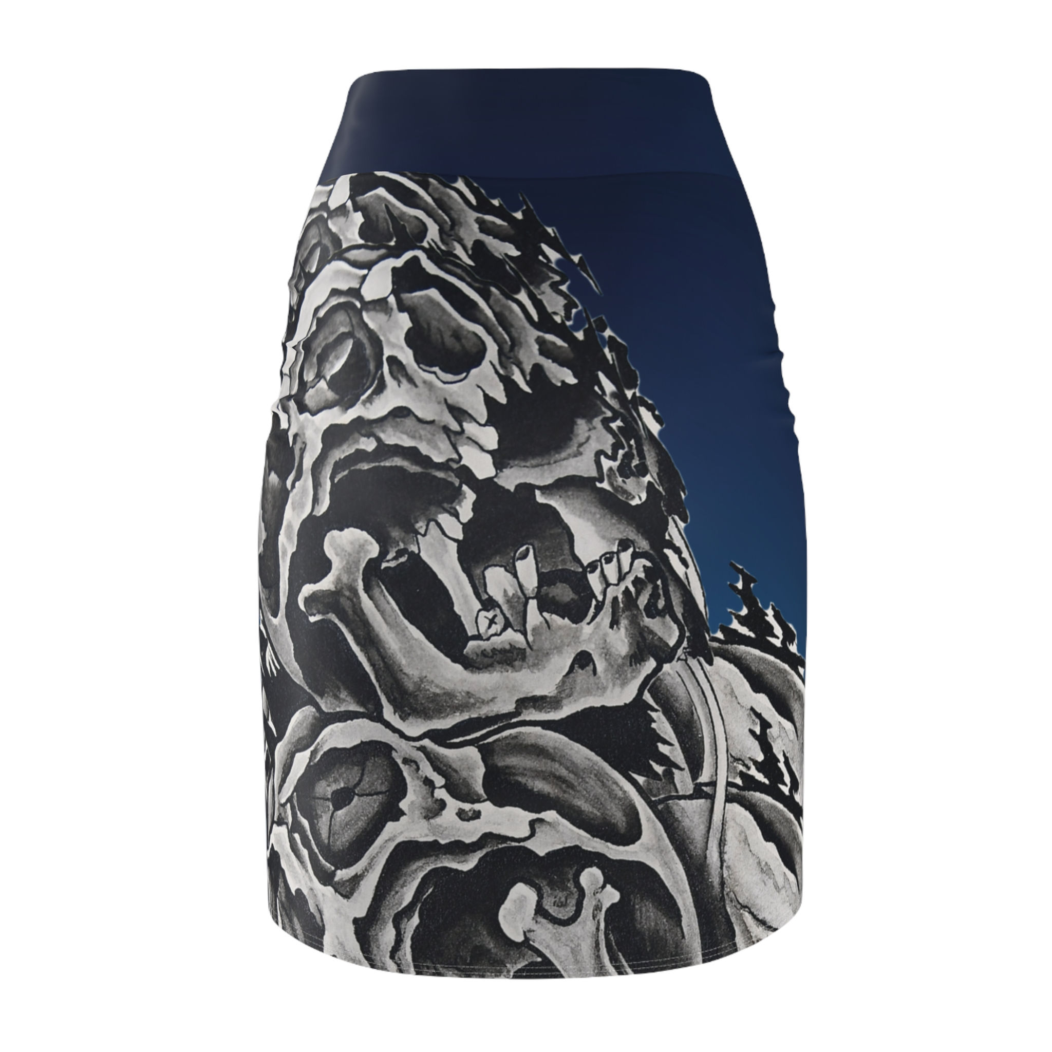 Women's Mid-Rise Pencil Skirt with Custom Skull Tattoo Art