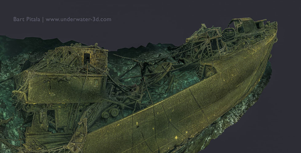 3D photogrammetric model showing the UJ1102 wreck resting on its stern side
