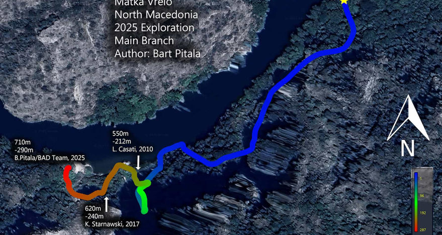 Matka Vrelo cave in North Macedonia - plan of the cave after 2025 exploration to -287 meter depth by BAD Exploration Team