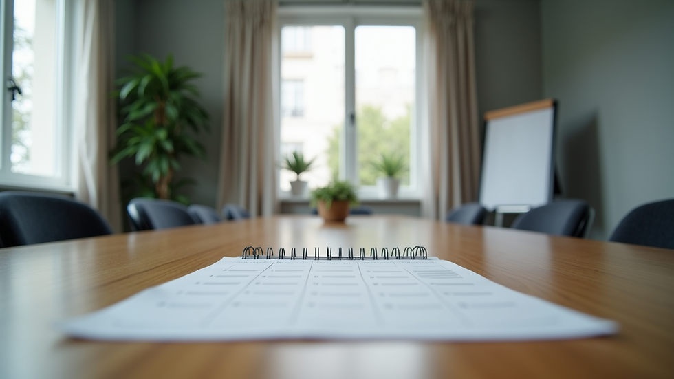 Eye-level view of a meeting room with a calendar and notes on the table