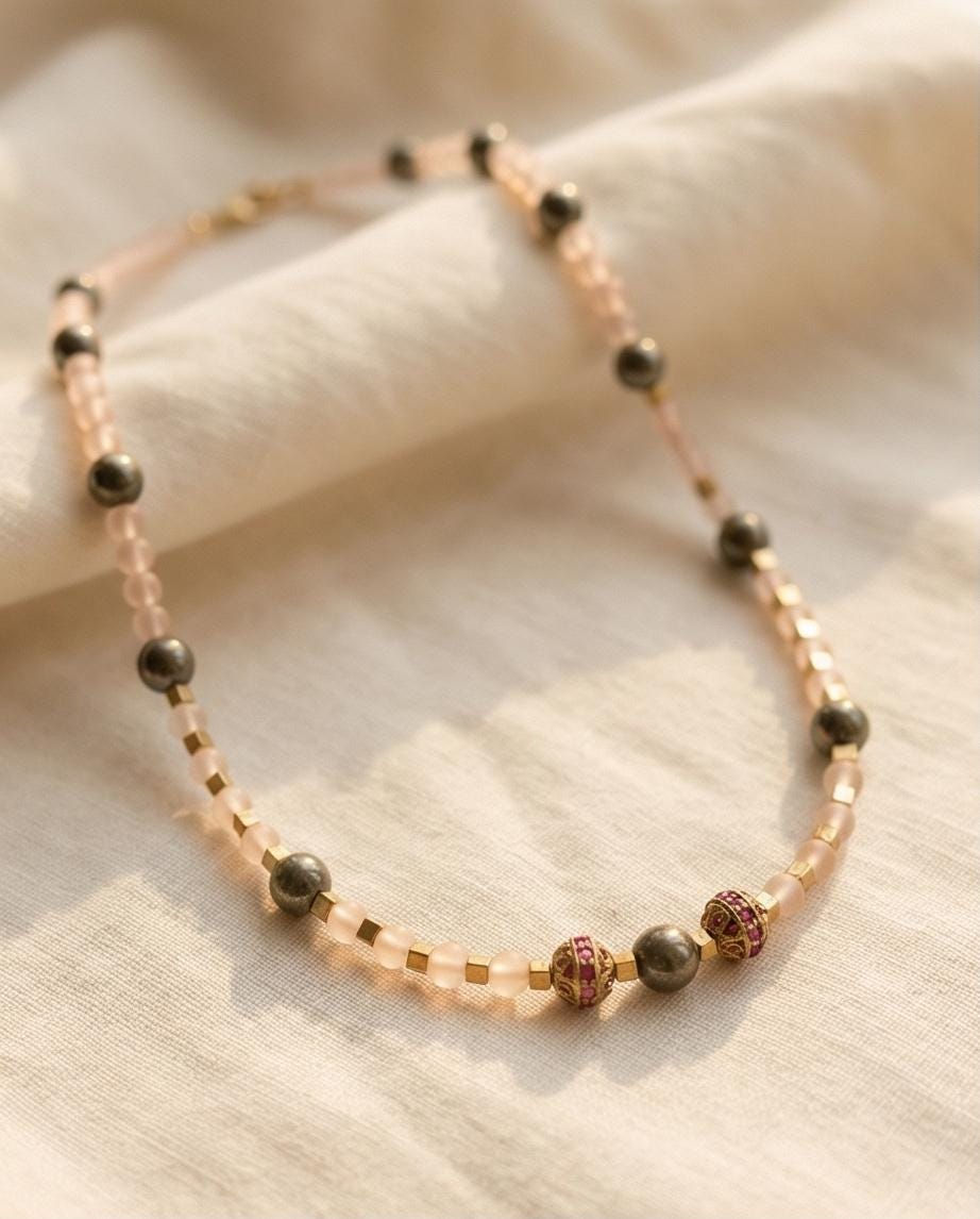 Thumbnail: Pyrite, golden Hematite and glass beads necklace