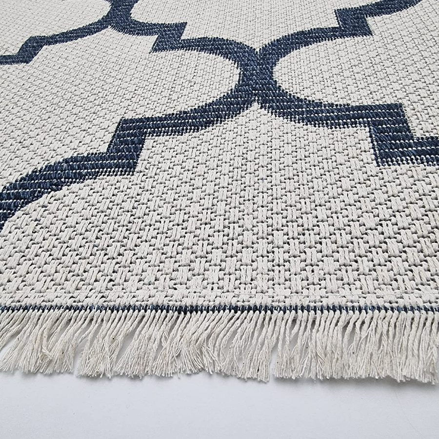 Thumbnail: Cotton Rug Cream Navy Blue Trellis Pattern with Tassels