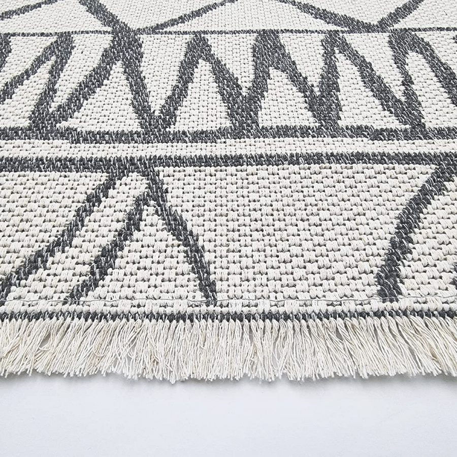 Thumbnail: Cotton Rug Cream Grey Aztec Pattern with Tassels