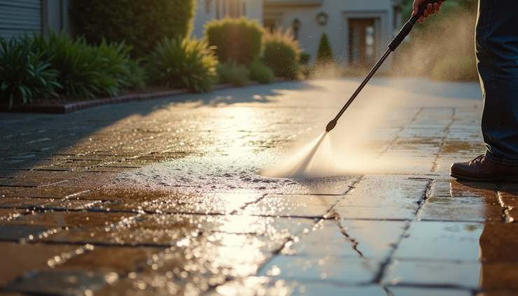 High angle view of a driveway being cleaned with pressure washer