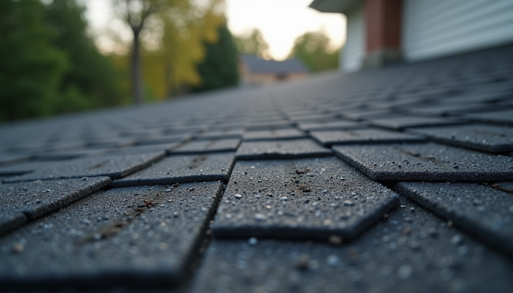 Eye-level view of black streaks running down an asphalt shingle roof in a suburban Ohio neighborhood