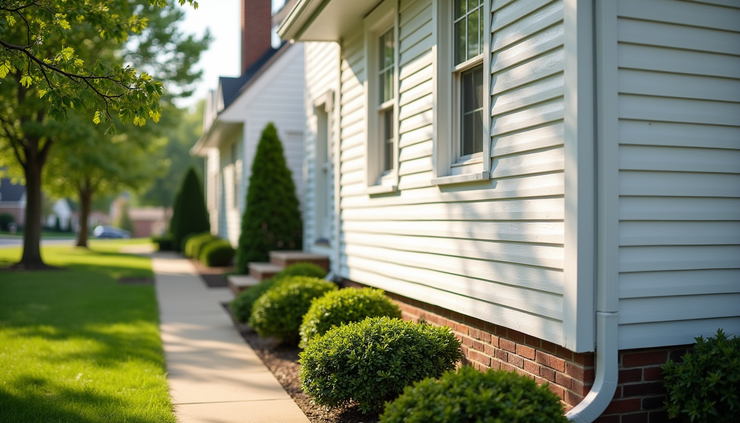 Eye-level view of a clean Ohio home siding after algae removal with clear sunlight and trimmed trees