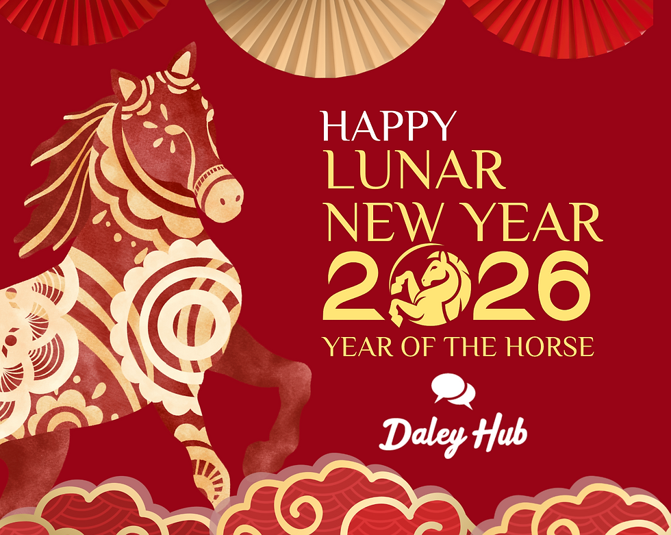 Image in red with gold writing of a horse with the words Happy Lunar New Year 2026 Year of the Horse 
