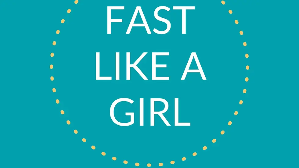 Teal background with dotted circle and text: "FAST LIKE A GIRL" above "DR. MINDY PELZ."