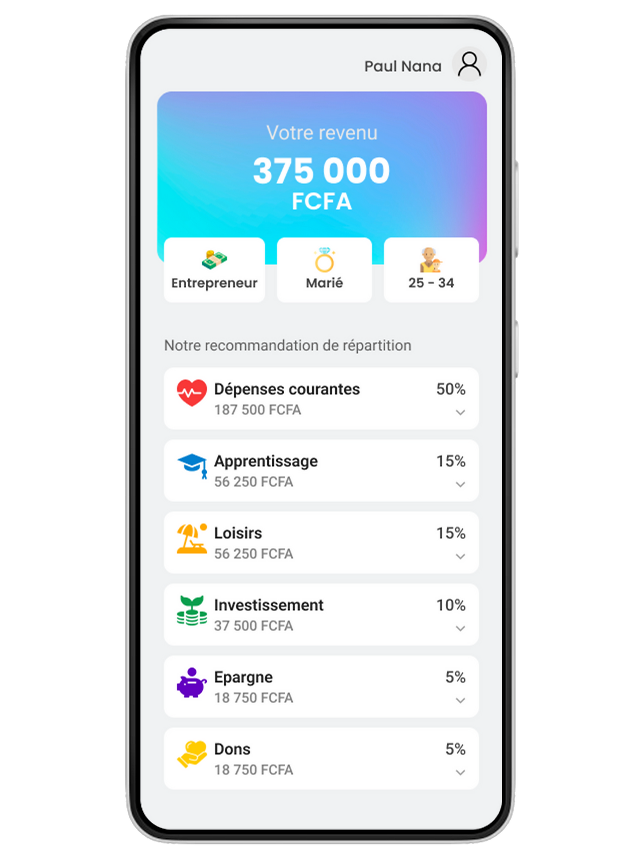 Interface de l'outil de repartion revenu en ligne de Mapossa