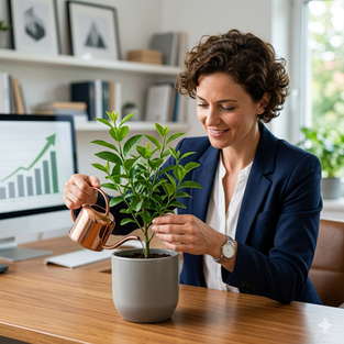Woman experiencing joy through great performance today and planning for future growth.