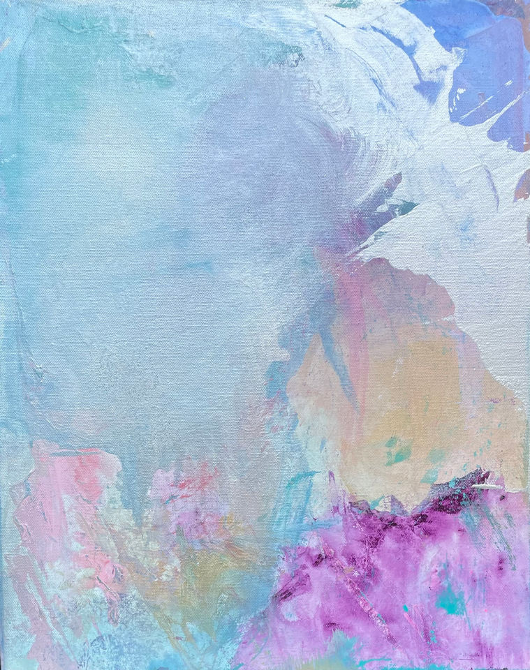 Waves foam against the shore in this calming painting.