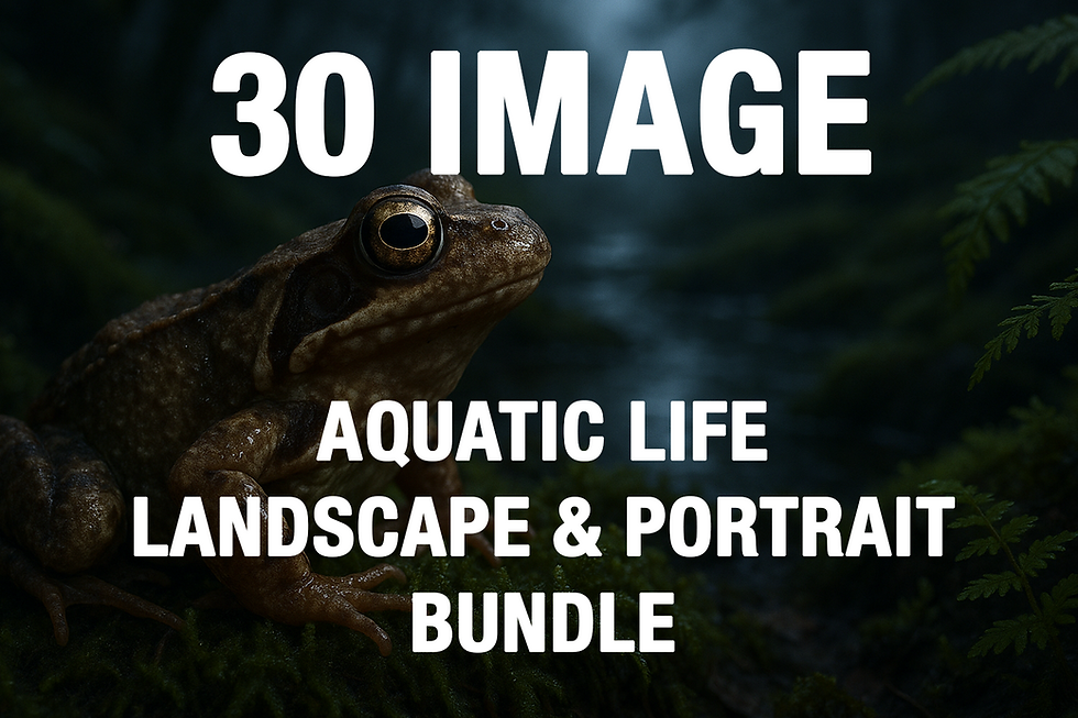 Frog sits on mossy forest floor near stream with bold white text for aquatic life image bundle.