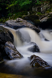 Long exposure of Conwy Falls tumbling over mossy rocks in a forest setting, Eryri National Park, Wales.