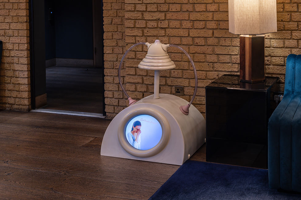 unleash your true self!, 2023, MDF, epoxy resin, silicone, polystyrene, LCD screen, PVC tubes, affirmations, 80 x 60 x 60cm