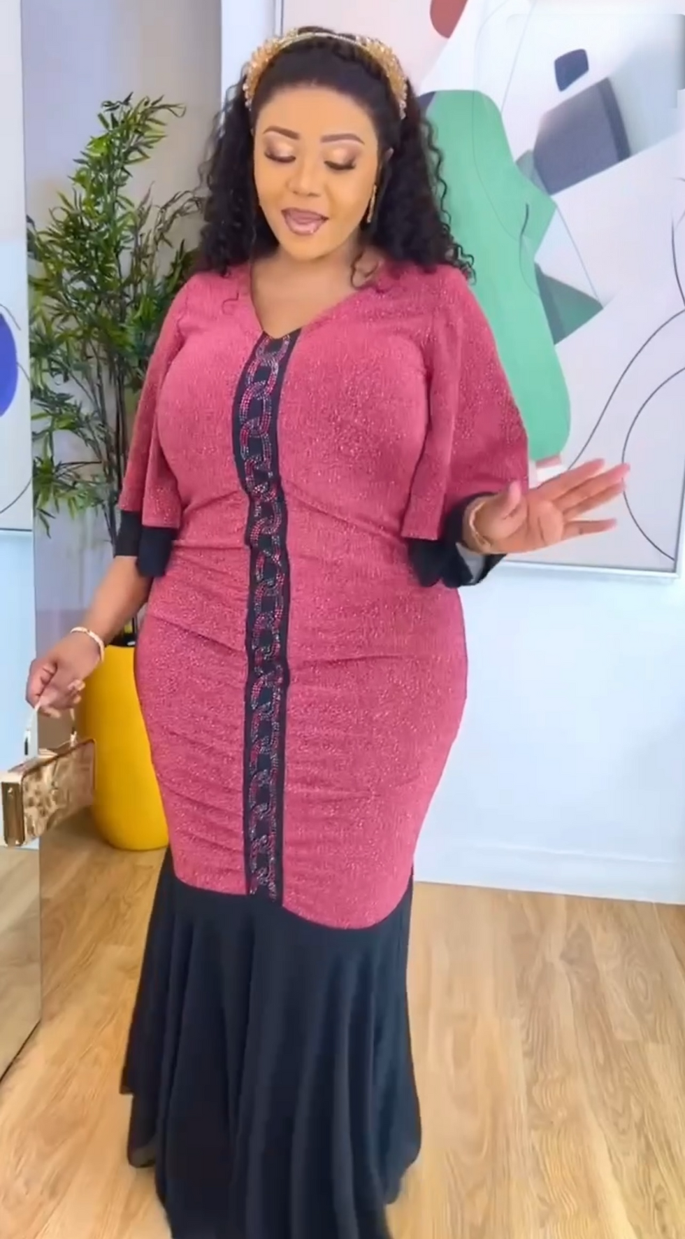 Thumbnail: Ruched Front Fit and Flare Glitter Rhinestones V-Neck Flare Sleeves Maxi Dress
