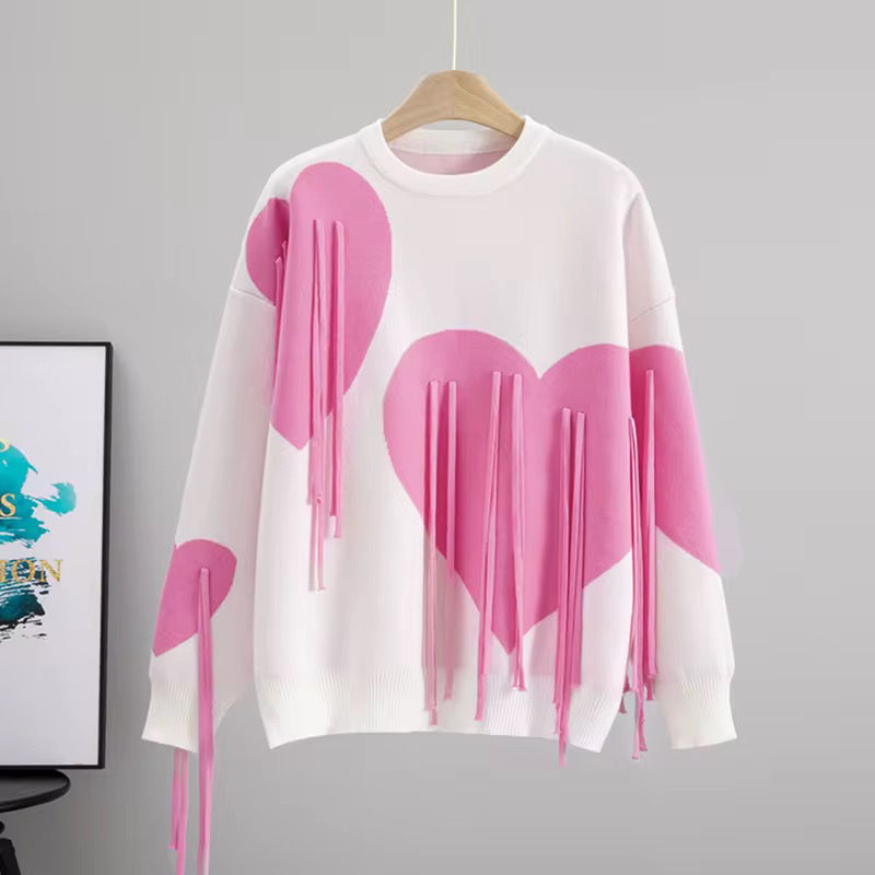 Миниатюра: Women’s Black Heart Fringe Knit Sweater | Oversized Long Sleeve Statement Jumper