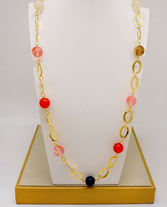 Miniaturebillede: Women’s Multicolour Natural Stone Beads Gold Plated Long Necklace Random Colour