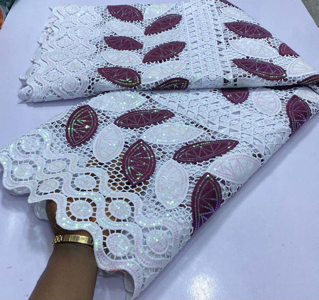 White and Brown Seqiunes Lace Fabric 5 Yards