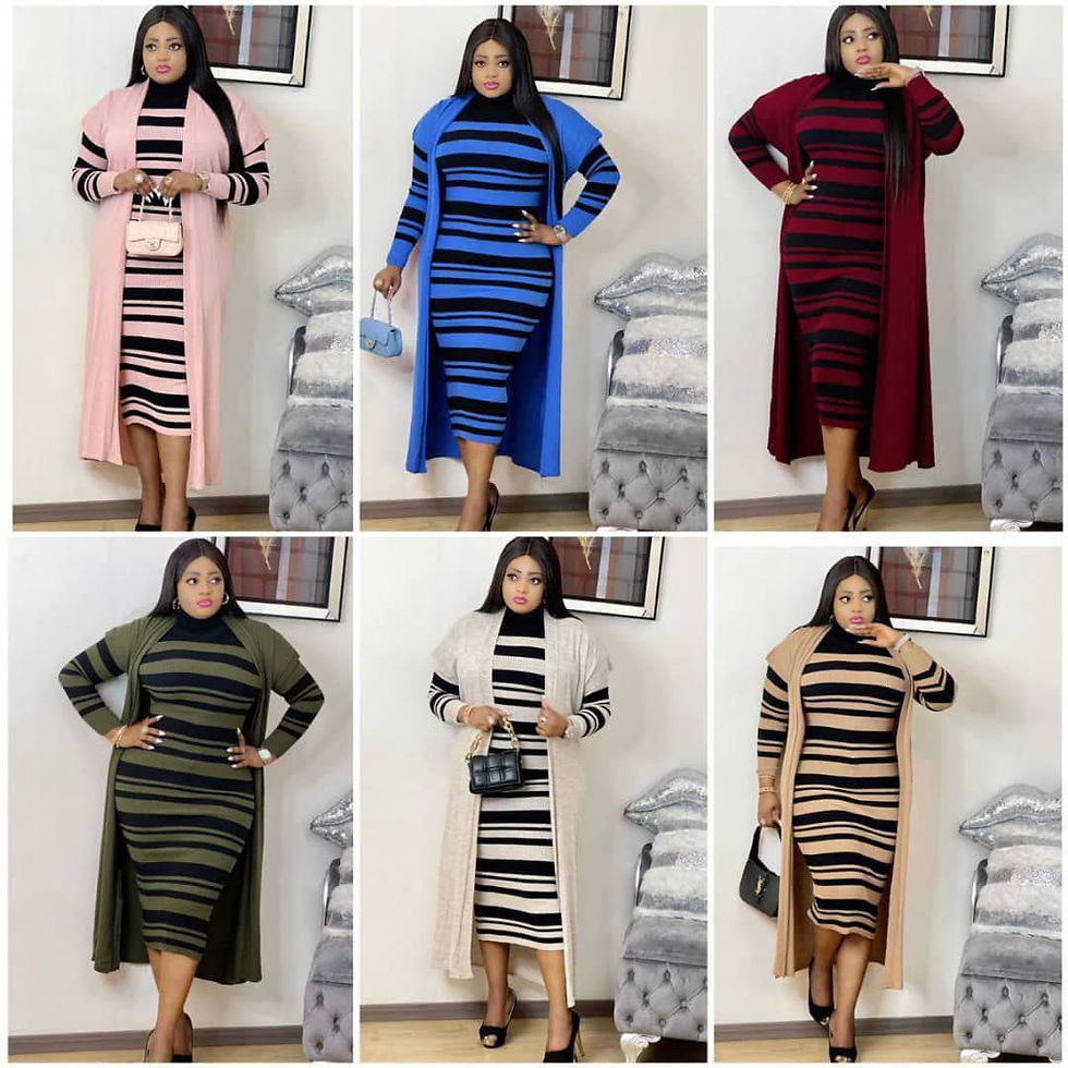 Thumbnail: Strips Women’s Knitted Turtleneck Dress and Knitted Cardigan Set Womenswear 