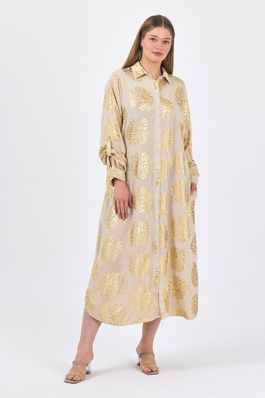 Miniatura: Metallic Leaf Print Button-Down Maxi Shirt Dress |Women's Casual & Elegant Long