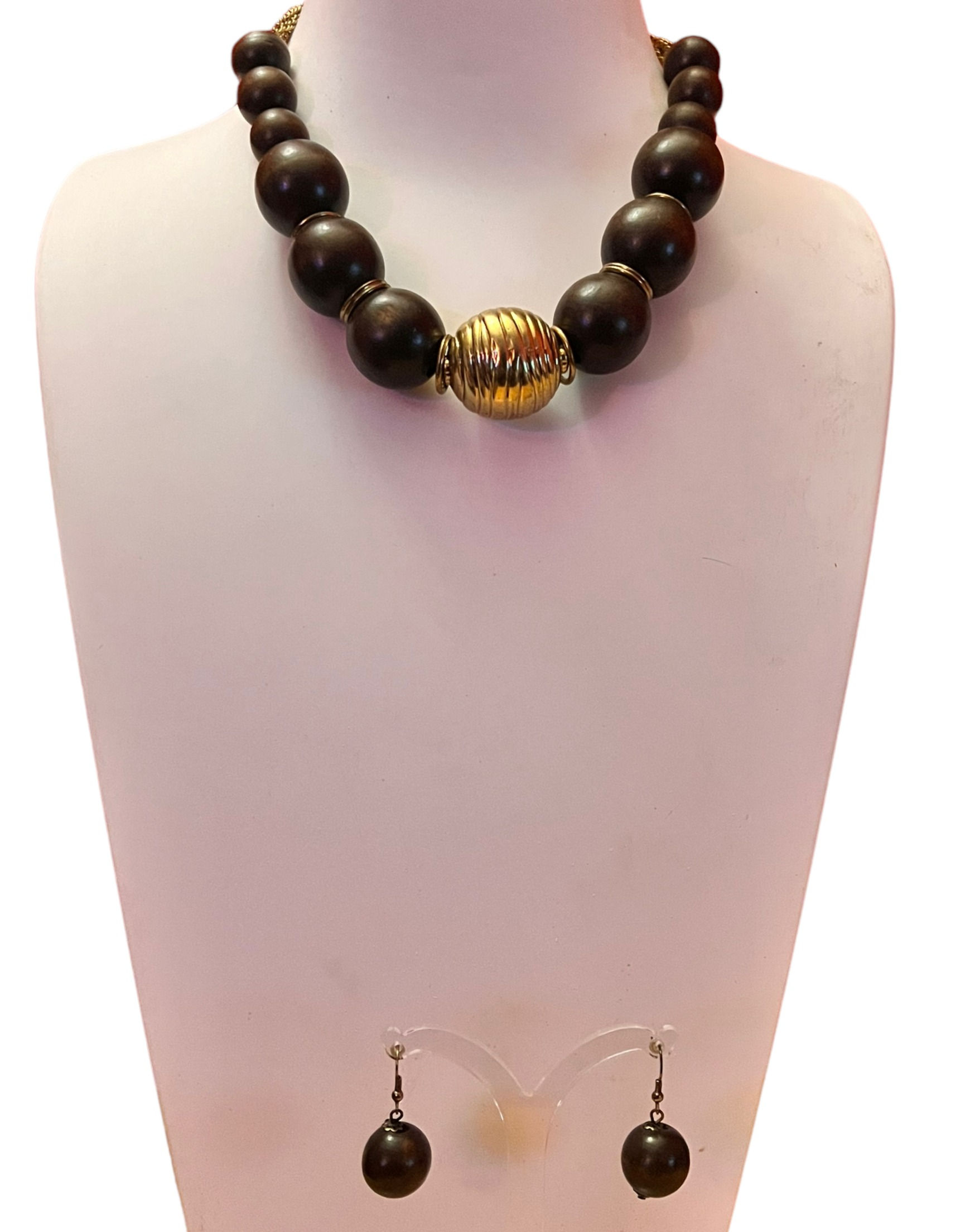 Look Antique Gold Bead Wooden Beads Statement Necklace and Earring Set