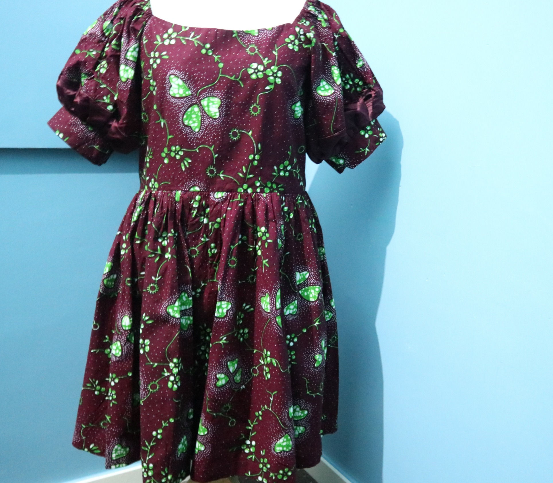 Puff Sleeves Ankara Gathered Dress With Contrast Sleeve Womenwear