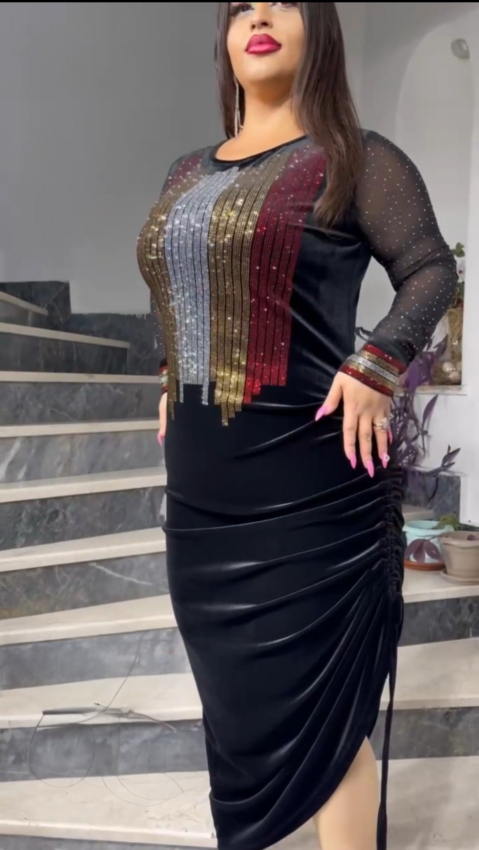 Thumbnail: Women’s Side Ruched Rhinestones Black Dress